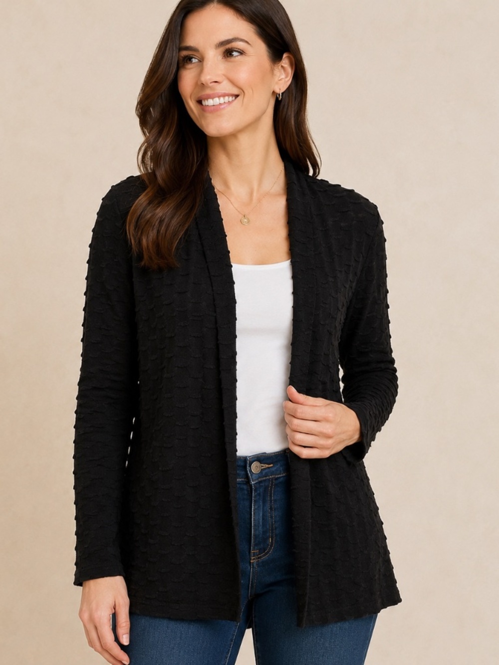 Kim Rogers Black Textured Open Front Jacket Women’s Small Long Sleeve Layering